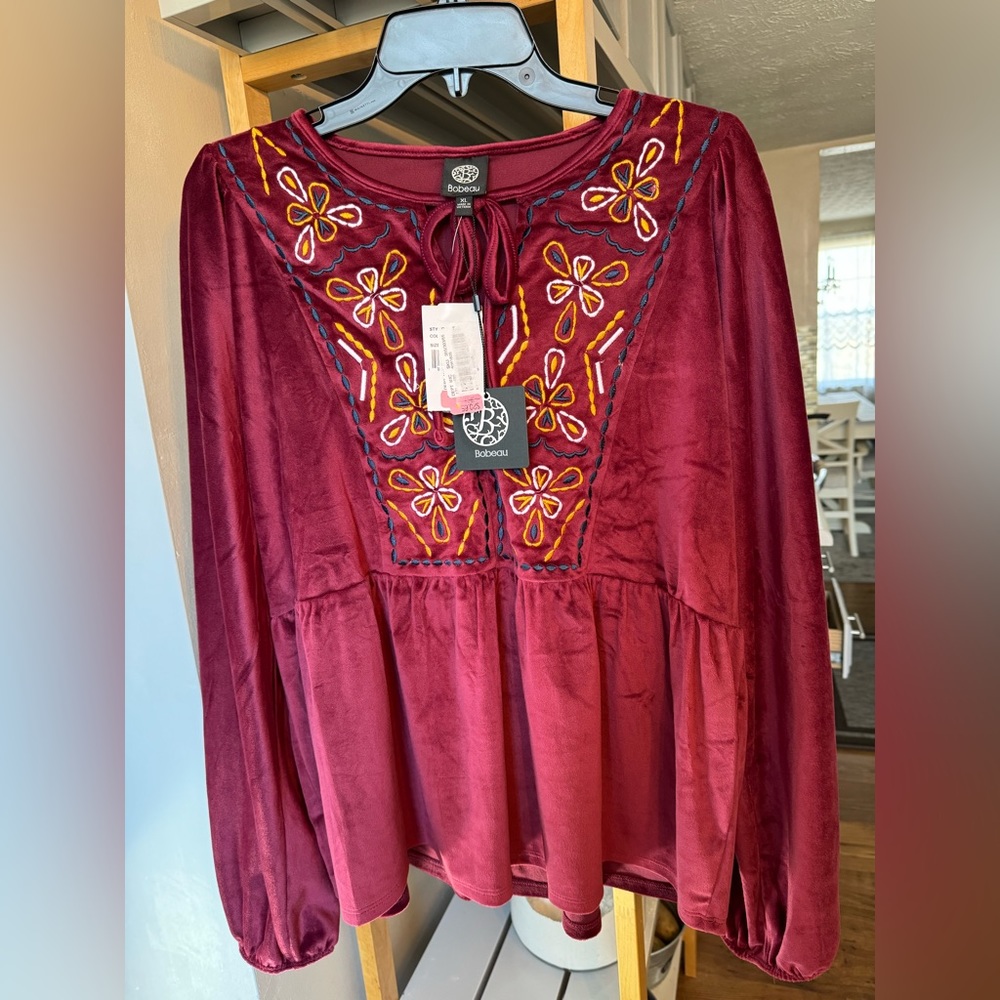 Bobeau Burgundy Velvet Embroidered Top